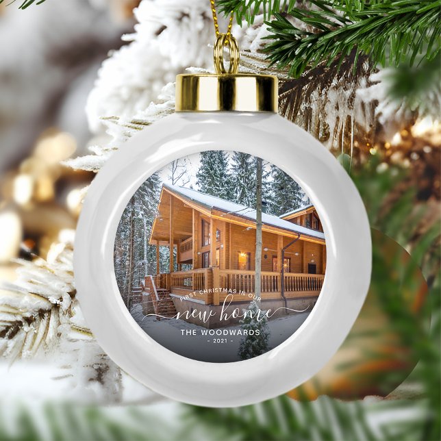 Photo First Christmas New Home White Script Ceramic Ball Christmas Ornament (Creator Uploaded)