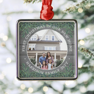 Photo First Christmas our New Home Greenery Wood Metal Ornament