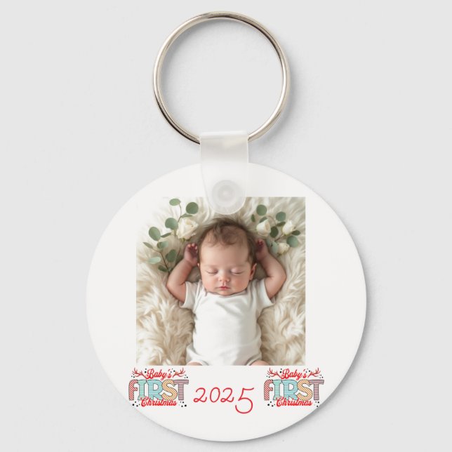 Photo First Christmas Red Personalize Keychain (Front)