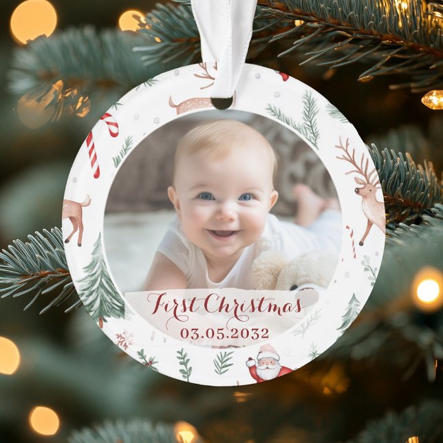 Photo First Christmas Script Classic Pattern Ornament (First Christmas Photo Script Classic Rustic Pattern Ornament)