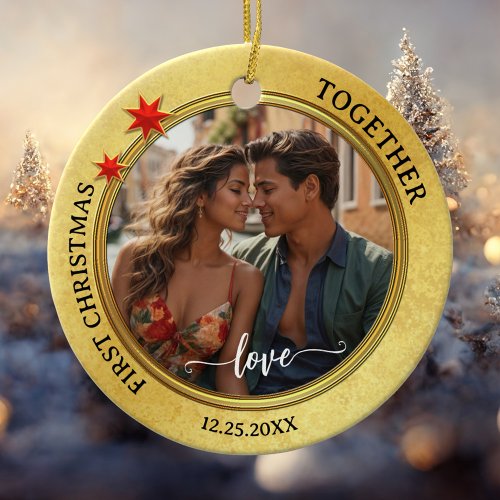 Photo First Christmas Together Gold Star Ceramic Ornament