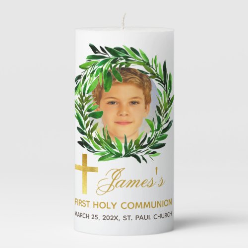 Photo First Communion Greenery Wreath Watercolor  Pillar Candle