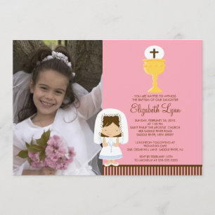Photo First Communion Invitation Brunette Girl