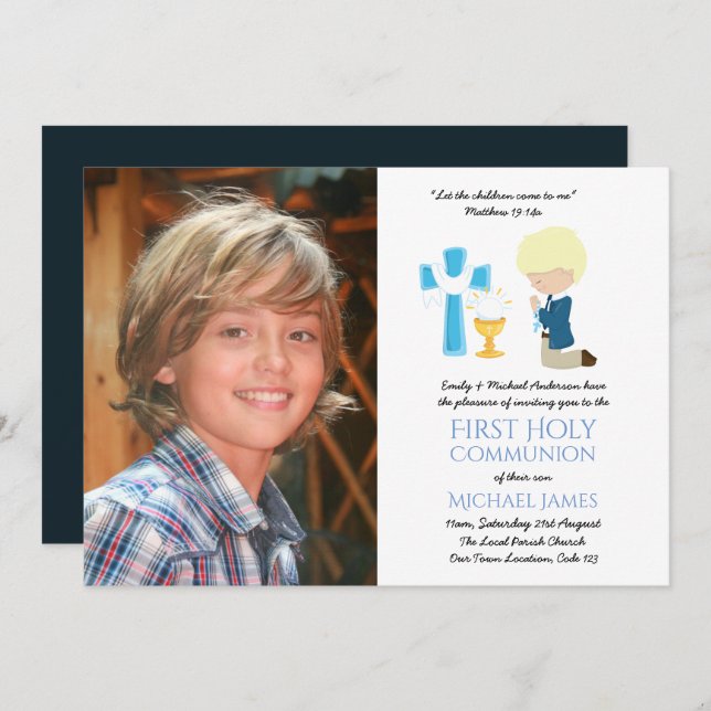PHOTO First Holy Communion Invites BLONDE BOY (Front/Back)
