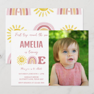 Photo First Trip Around the Sun Boho 1st Birthday Invitation