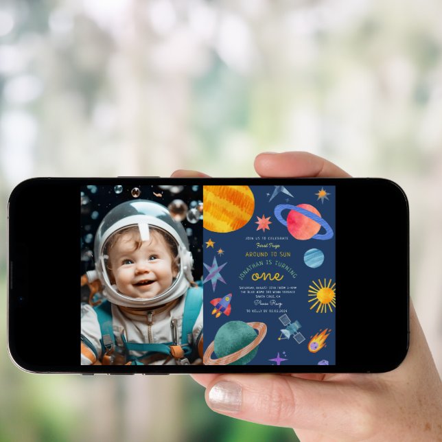 Photo First trip aroundsun astronaut 1st Birthday Invitation (Front Digital)