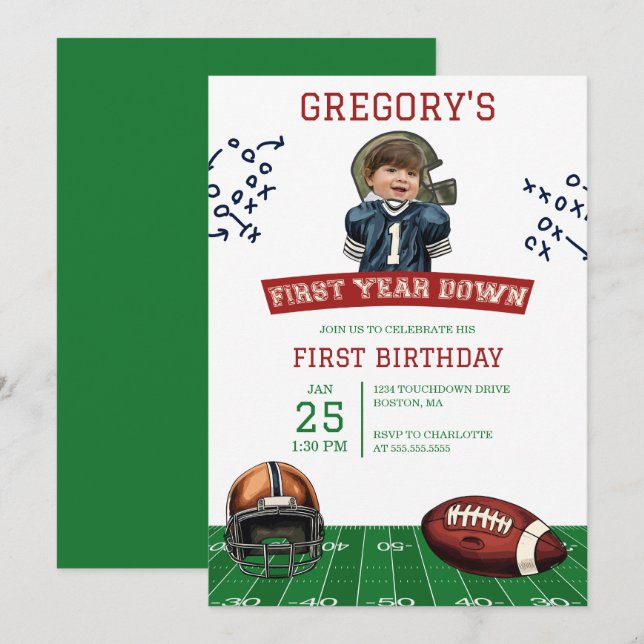 Photo First Year Down Football Boys 1st Birthday Invitation (Front/Back)