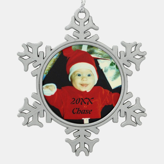Photo Flake Snowflake Pewter Christmas Ornament (Front)