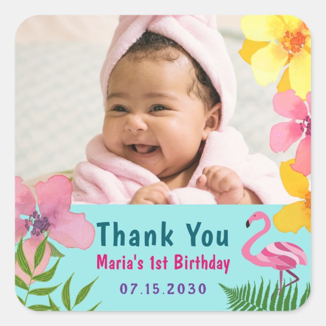 Photo Flamingo 1st Birthday Thank You Square Sticker (Front)