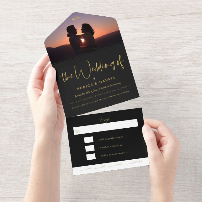 Photo Flap Black Wedding Foil All In One Invitation (Tearaway)