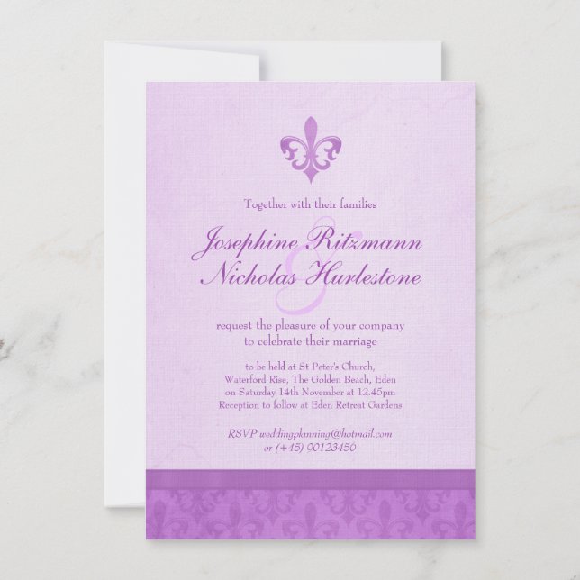 Photo Fleur De Lis style purple wedding invitation (Back)