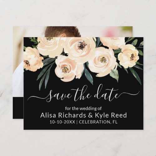 Photo Floral Beige Blush Gold Black Save the Date Announcement