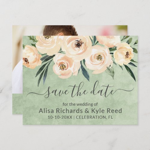 Photo Floral Beige Blush Gold Green Save the Date Announcement