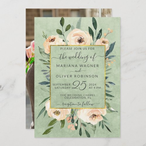 Photo Floral Beige Blush Roses Gold Sage Wedding Invitation
