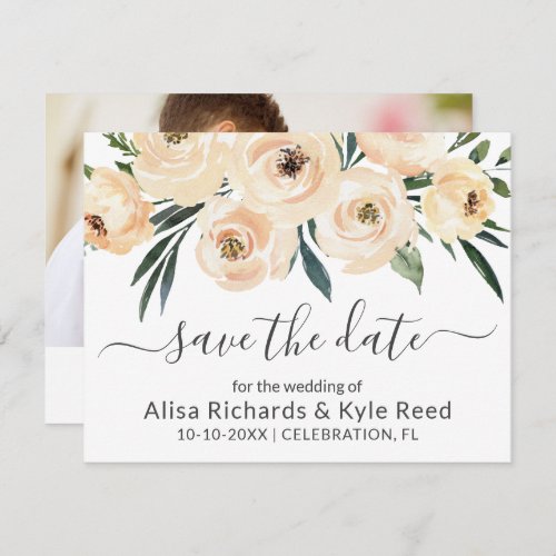Photo Floral Beige Blush Roses Gold Save the Date Announcement