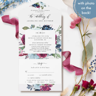 Photo Floral Berry Blue Burgundy Wedding Tear RSVP All In One Invitation