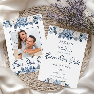 Photo Floral Blue Hydrangea Wedding Save The Date Invitation