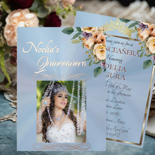 Photo & Floral - Blue Quinceanera Foil Invitation