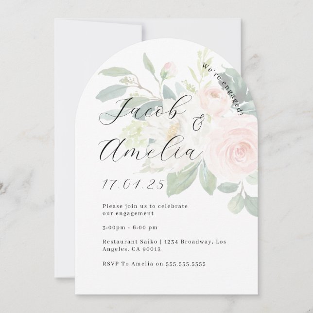 Photo Floral Blush Modern Arch Engagement Party   Invitation (Front)
