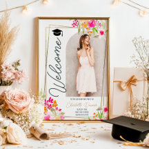 Photo Floral Boho floral gold script graduation