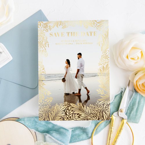 Photo Floral Botanical Modern Save The Date Gold Foil Invitation