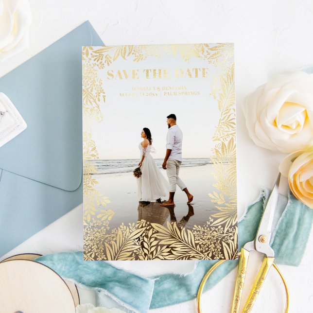 Photo Floral Botanical Modern Save The Date Gold Foil Invitation (Creator Uploaded)