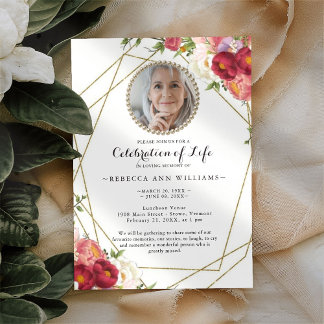 Photo Floral Burgundy Blush Celebration of Life  Invitation