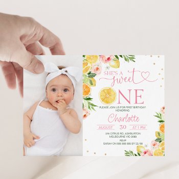 Photo Floral Citrus She's A Sweet One 1st Birthday Invitation by Sugar_Puff_Kids at Zazzle