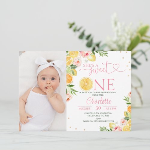 Photo Floral Citrus Shes A Sweet One 1st Birthday Invitation