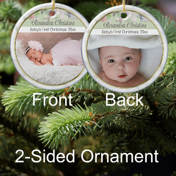 Photo Floral Double Sided 2 Picture Baby First Ceramic Ornament by ChristmasCardShop at Zazzle