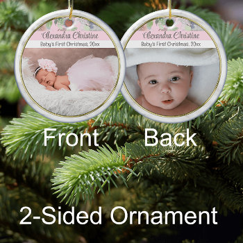 Photo Floral Double Sided 2 Picture Baby First Ceramic Ornament by ChristmasCardShop at Zazzle