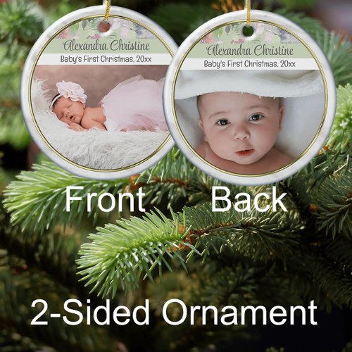 Photo Floral Double Sided 2 Picture Baby First Ceramic Ornament