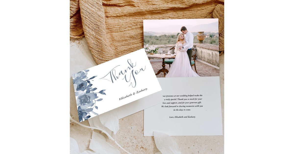 Photo Floral Dusty Blue Wedding Thank You Card | Zazzle