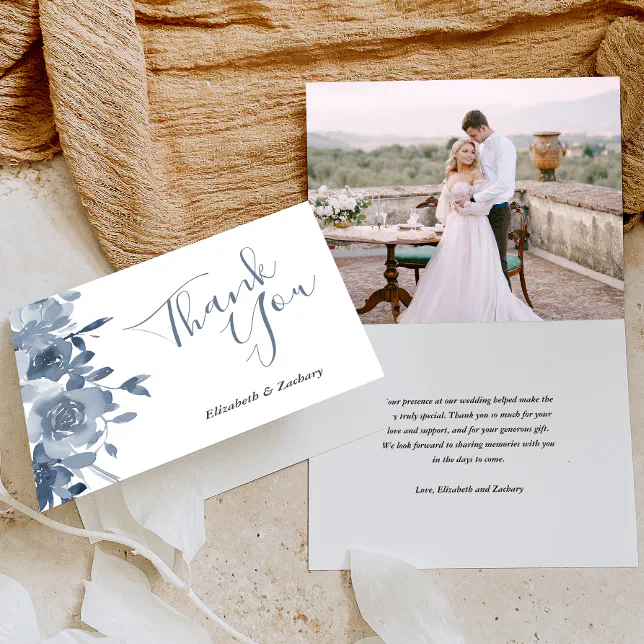 Photo Floral Dusty Blue Wedding Thank You Card | Zazzle
