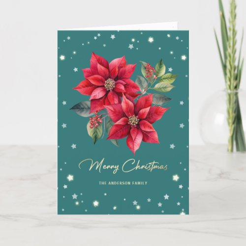 Photo Floral Green Watercolor Merry Christmas Card