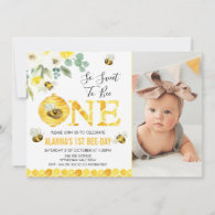Photo Floral Honey Bee First Bee-day Birthday Invitation