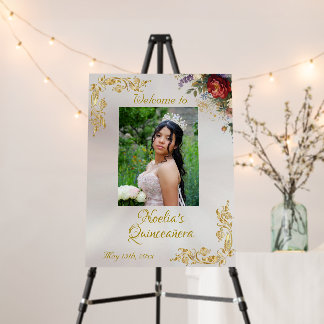 Photo, Floral & Leaves Quinceanera Welcome - Pearl Foam Board