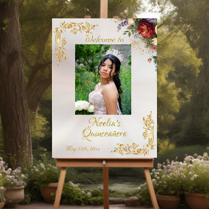 Photo, Floral & Leaves Quinceanera Welcome - Pearl Foam Board