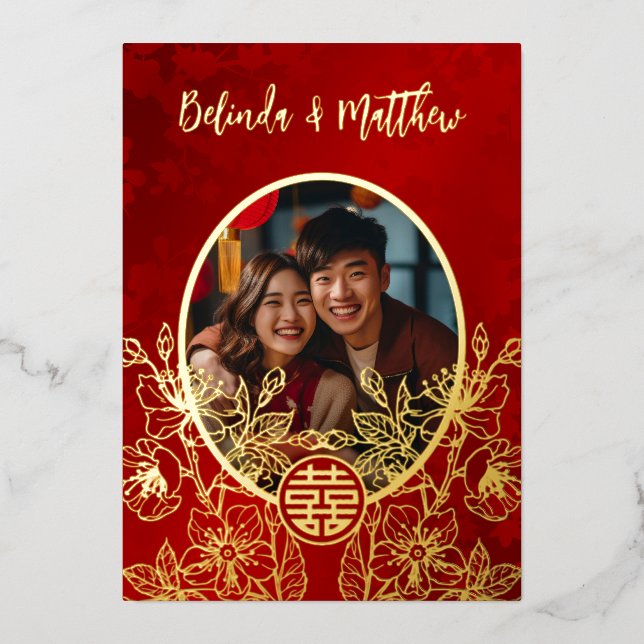 Photo Floral Line Art Chinese Wedding Foil Invitation (Front)