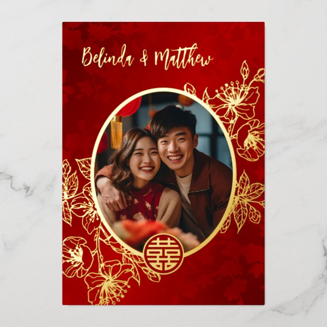 Photo Floral Line Art Chinese Wedding Foil Invitation (Front)