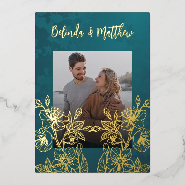 Photo Floral Line Art Gold Wedding Foil Invitation (Front)
