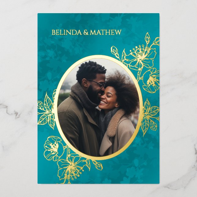 Photo Floral Line Art Rose Gold Wedding Foil Invitation (Front)