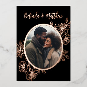 Photo Floral Line Art Rose Gold Wedding Foil Invitation