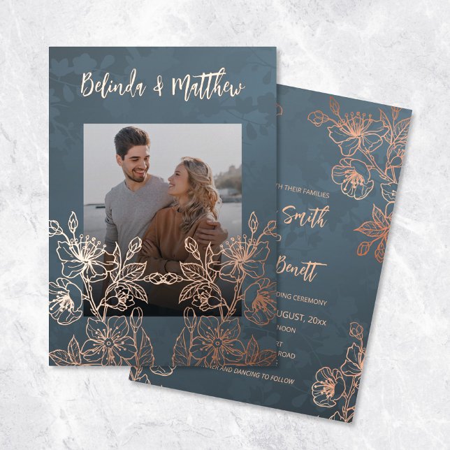 Photo Floral Line Art Rose Gold Wedding Foil Invitation (Creator Uploaded)
