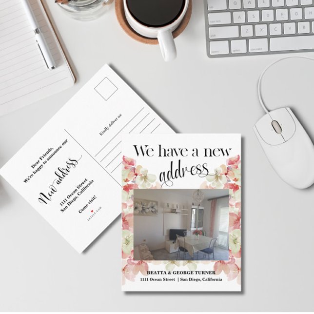 Photo Floral New Home Address, Announcement Postcard (Creator Uploaded)