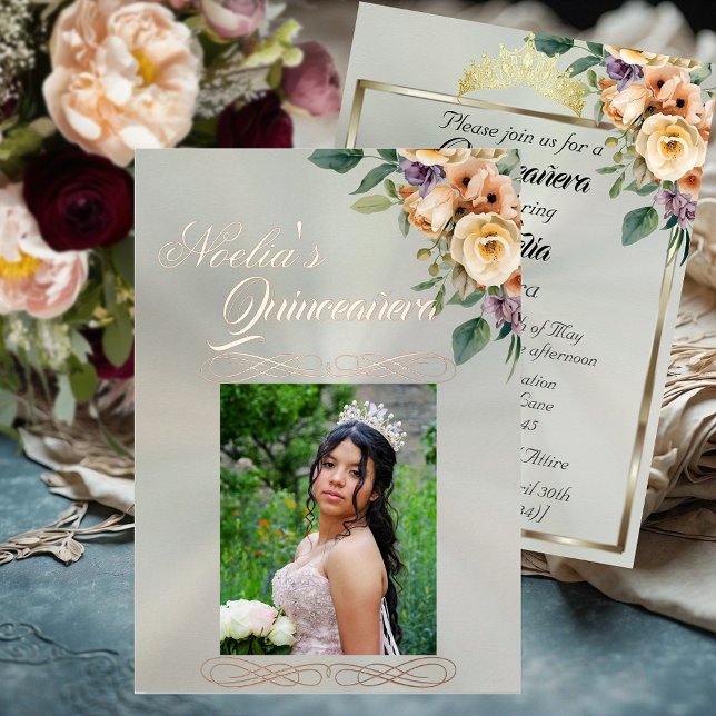  Photo & Floral on Pastel Green Quinceanera  Foil Invitation (Creator Uploaded)