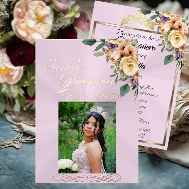  Photo & Floral on Pastel Pink Quinceanera  Foil Invitation (Creator Uploaded)