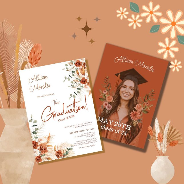Photo Floral Pampas Bohemian Terracotta Graduation Invitation (Creator Uploaded)