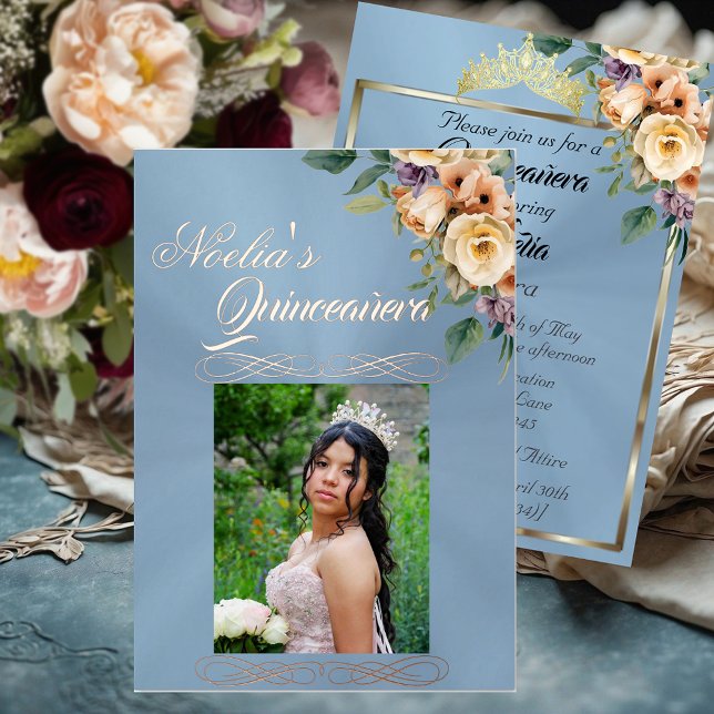 Photo & Floral - Pastel Blue Quinceanera Foil Invitation (Creator Uploaded)