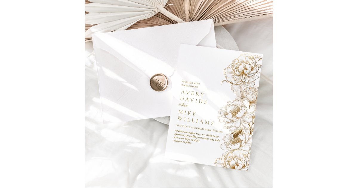 Photo Floral Peonies White Golden Elegant Wedding Invitation | Zazzle
